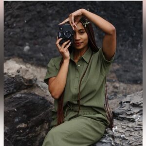 Olive green linen button-up top